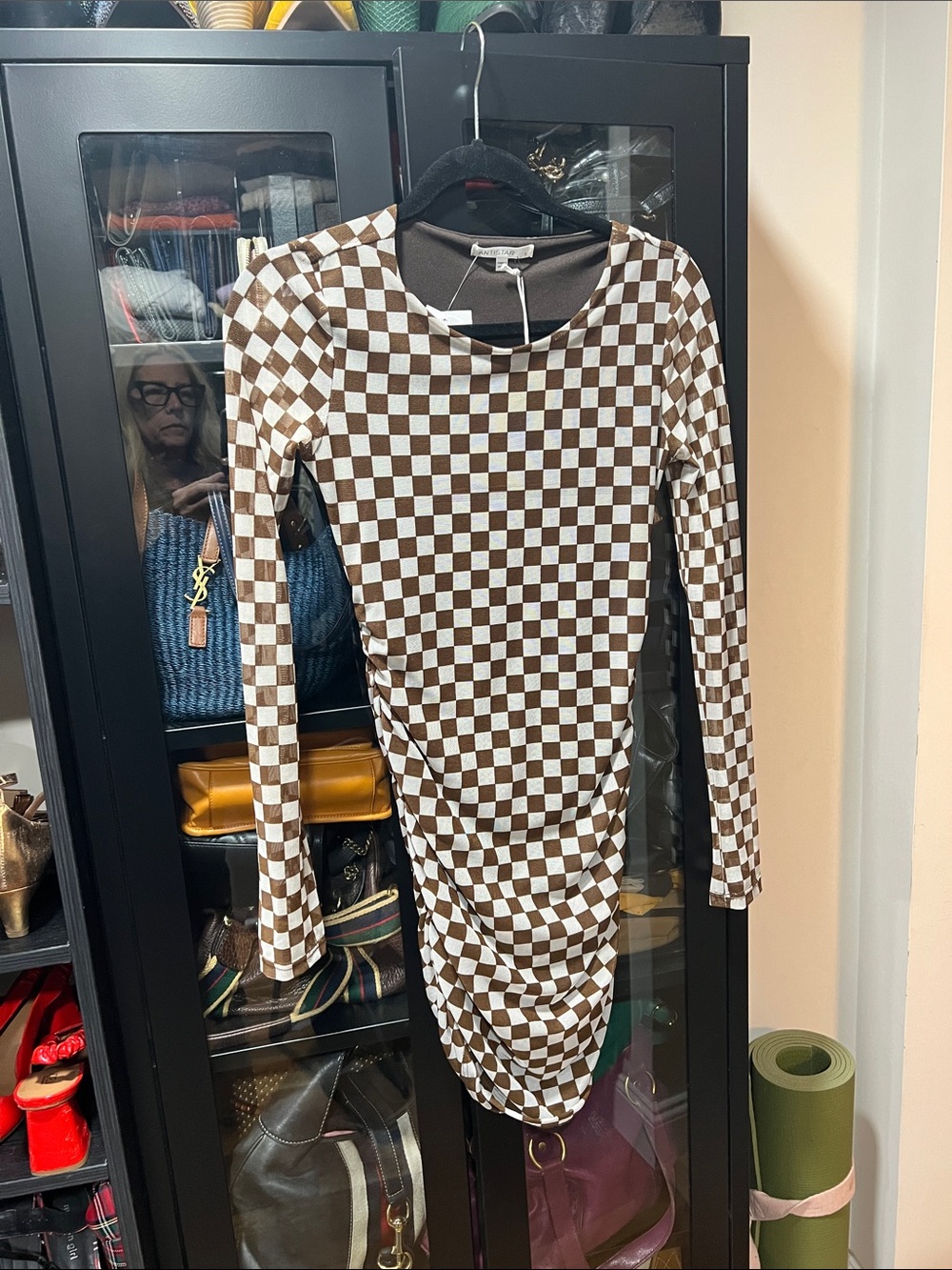 Checkerboard Long-Sleeve Ruched Dress - Brown & White